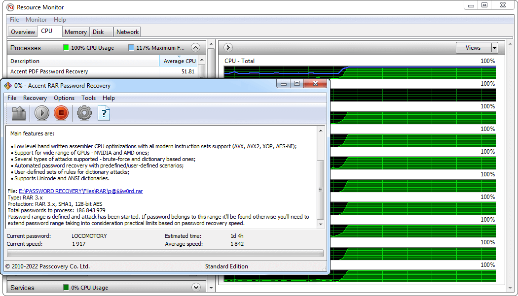 Passcovery programs make use of all CPU cores at full 100% load
